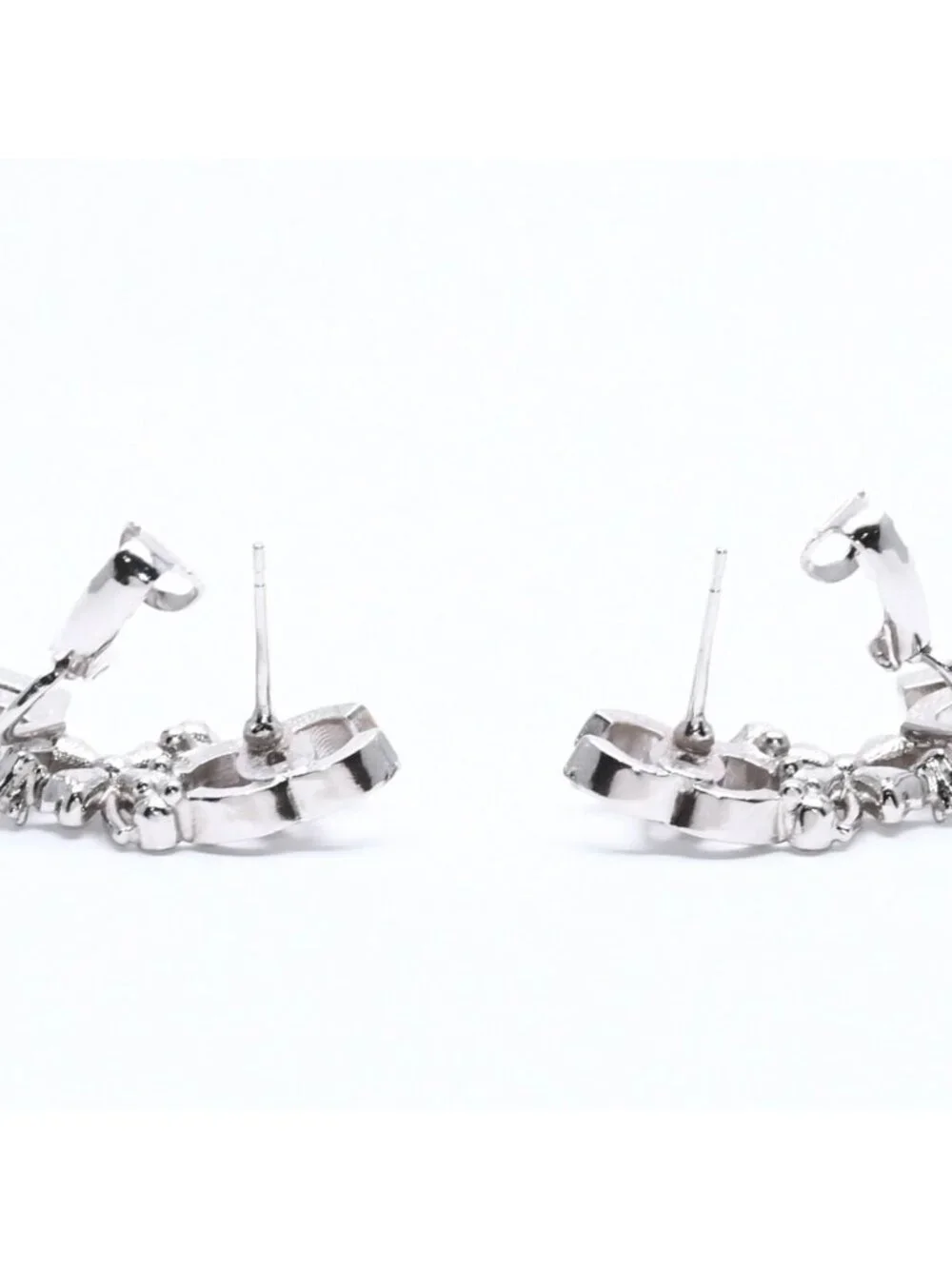 Chanel Earrings Cuff CC Logo & Stamp Metal Rhinestone Silver